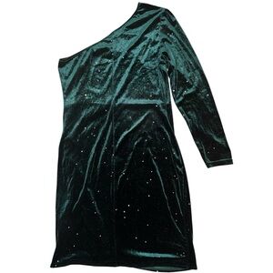 Dark Green Sparkle One Sleeve Midi Body Con Dress Velvety Feel Plus Size 1XL